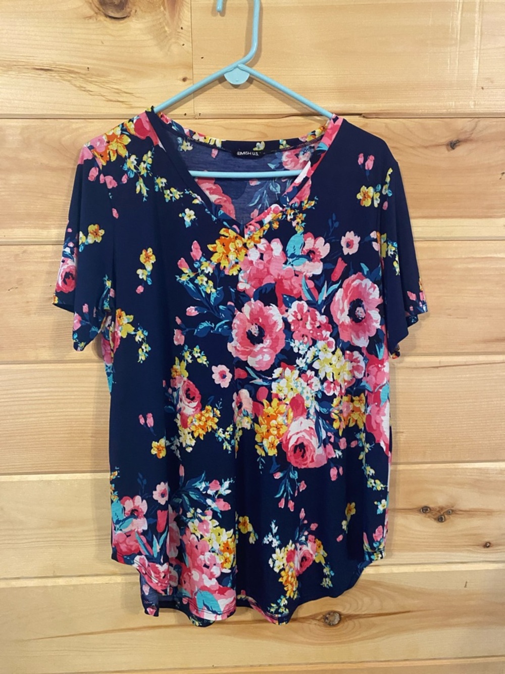 Heimish USA-3x-$13-Floral V-Neck Women's Top - Navy with Pink & Yellow Blooms